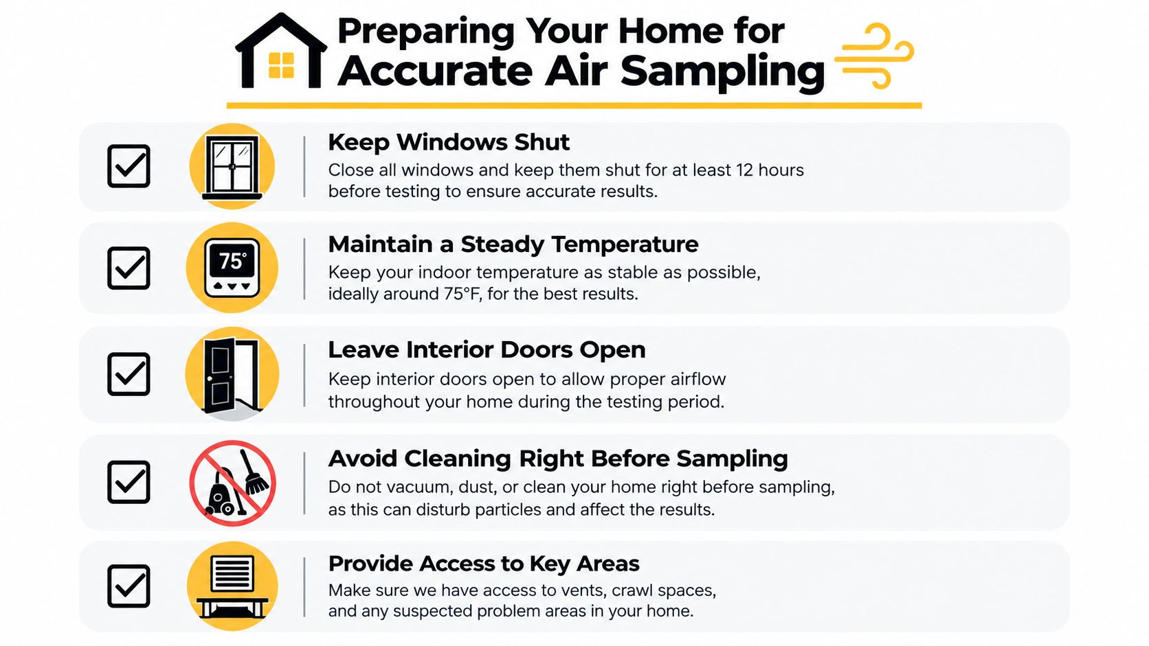 An infographic showing five essential steps to prepare a home for professional indoor air quality testing.