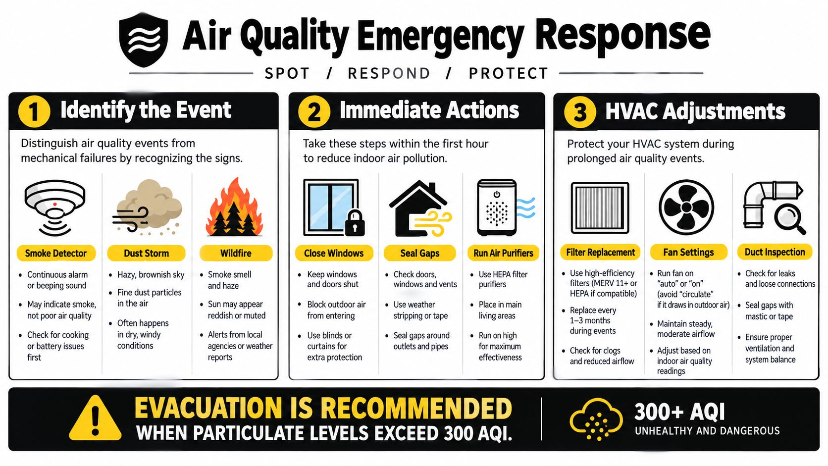 An informative infographic illustrating emergency response steps for managing indoor air quality during hazardous environmental events.
