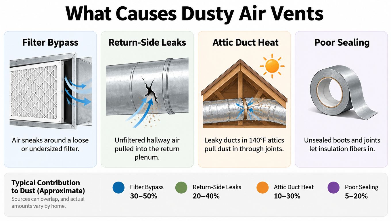 A diagram explaining four common causes of dusty air vents in home HVAC systems and their contributions.