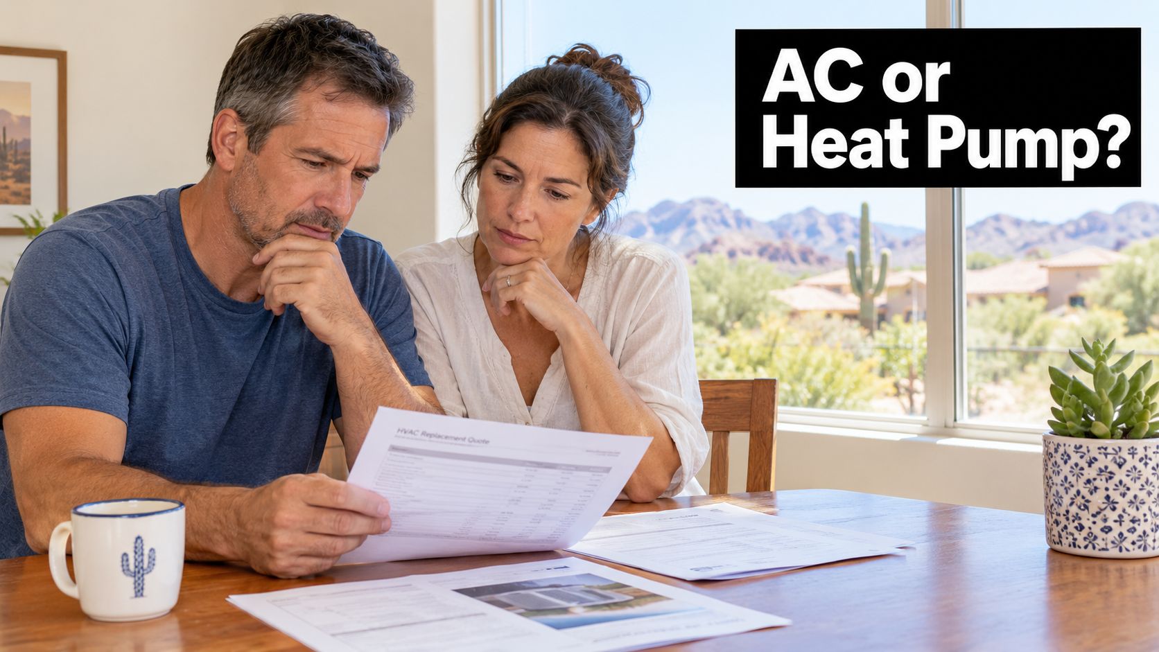A couple sits at a wooden table reviewing an HVAC replacement quote for their home.