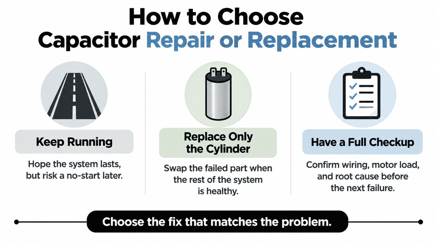 An infographic showing three approaches to HVAC capacitor repair, including keeping it running, replacing the cylinder, or performing a checkup.