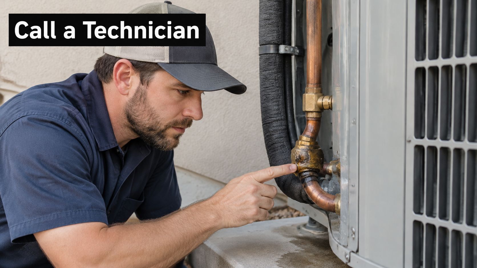A professional HVAC technician in uniform inspecting a leaking copper pipe on an outdoor air conditioning unit.