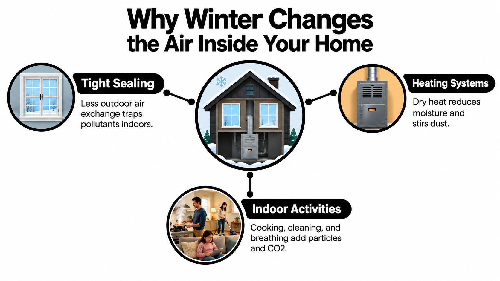 An infographic showing how winter conditions like tight sealing, heating systems, and indoor activities affect air quality.