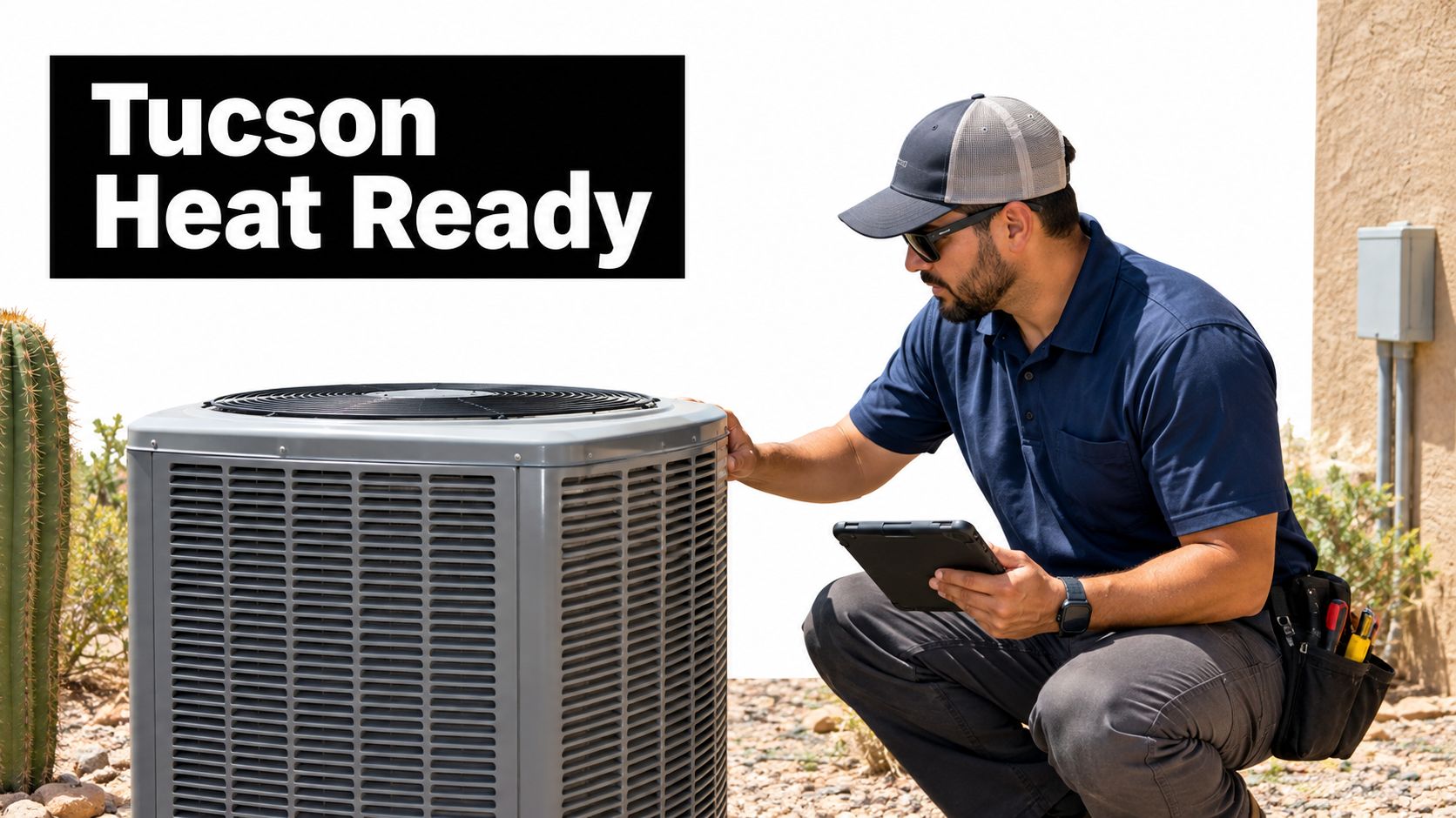 A professional HVAC technician wearing a cap and sunglasses inspecting an outdoor air conditioning unit with a tablet.