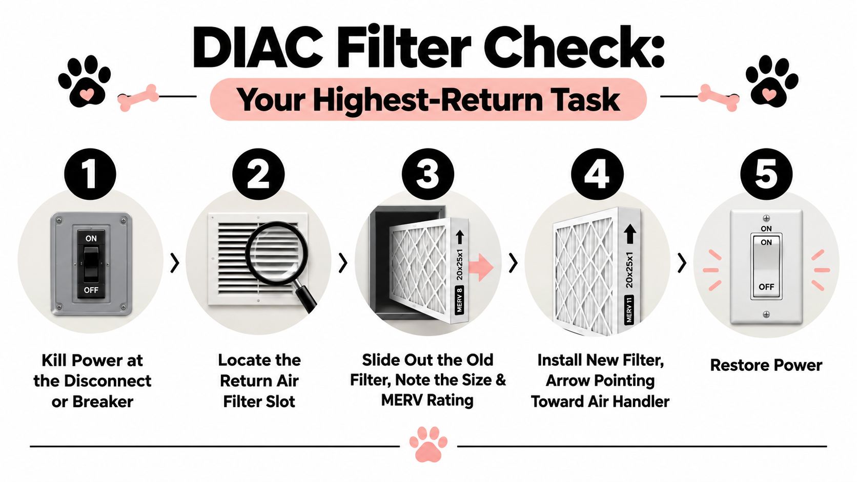 A five-step infographic showing how to replace an air conditioner return air filter for routine maintenance.