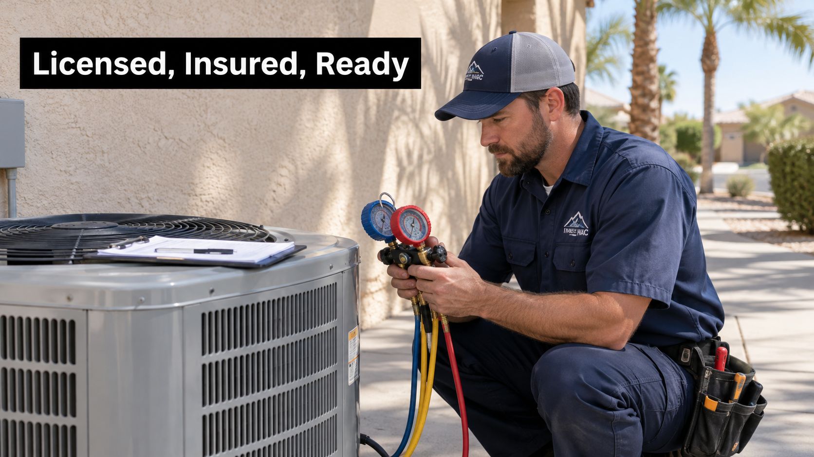 A professional HVAC technician wearing a branded cap and uniform inspects an air conditioning unit with gauges.