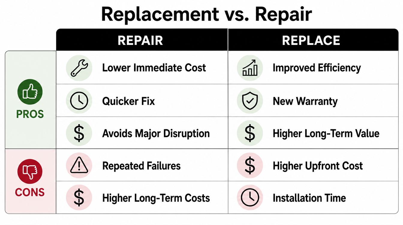 A comparison chart outlining the pros and cons of choosing to repair versus replace equipment or appliances.