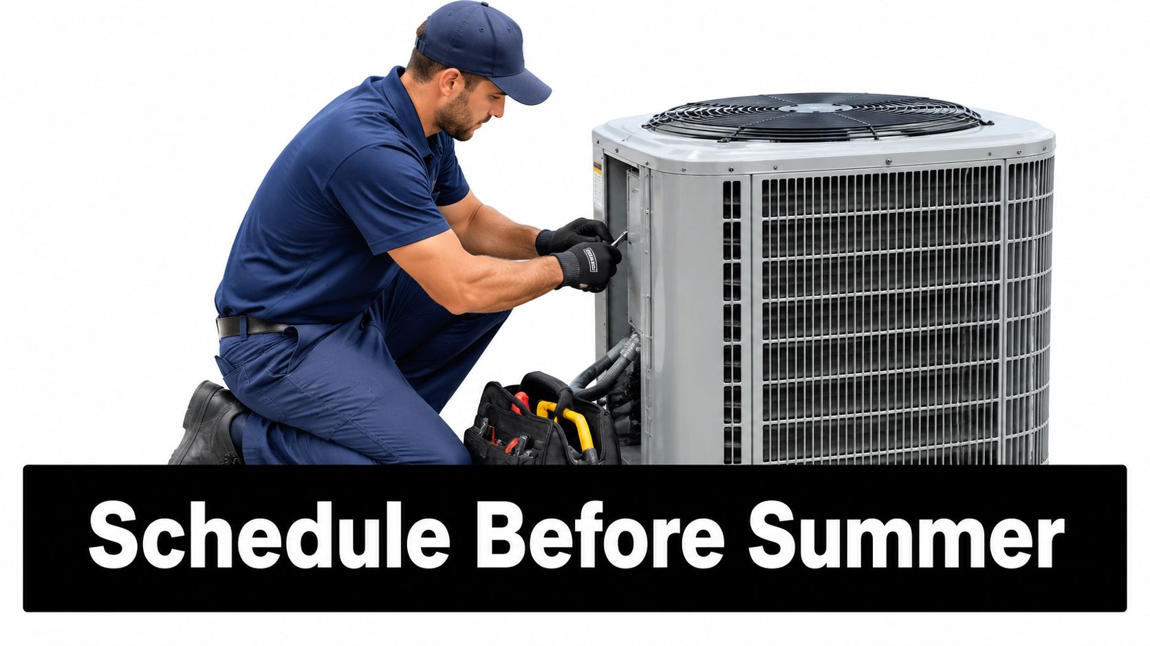 A professional technician in a blue uniform kneeling while performing maintenance on an outdoor air conditioning unit.