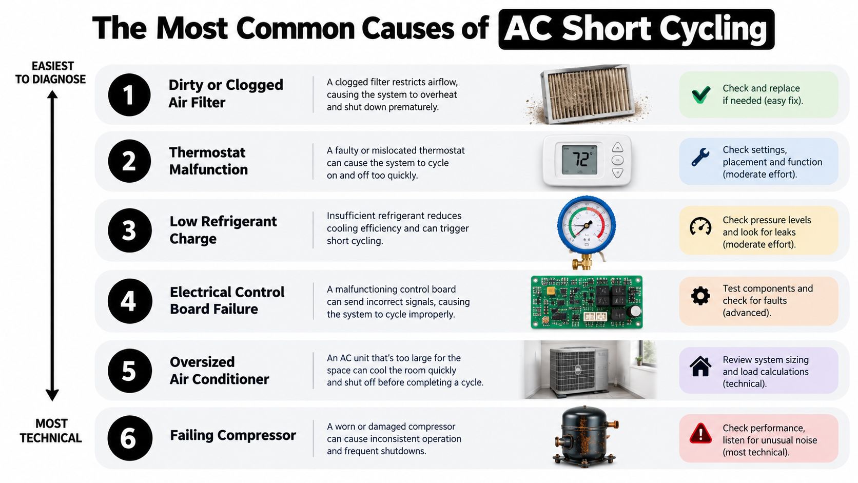 A diagram listing six common causes of AC short cycling, ranging from easy to technical problems.