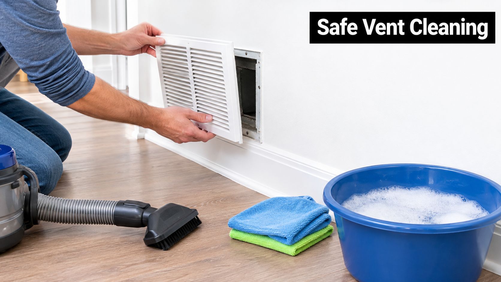A person kneeling on a floor, carefully removing a white air vent cover for cleaning.