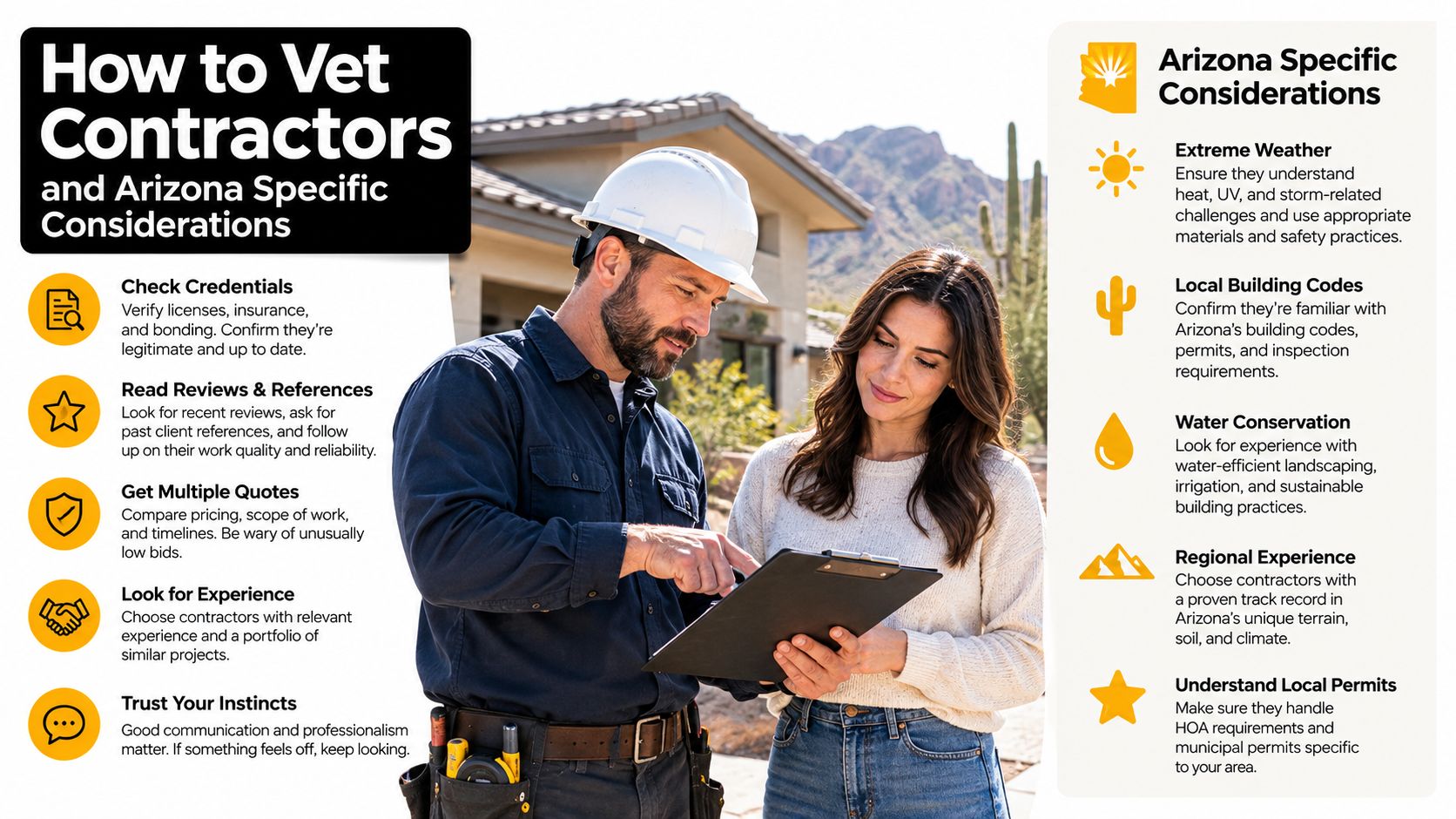A professional contractor and a homeowner reviewing a project checklist outside a suburban house in Arizona.