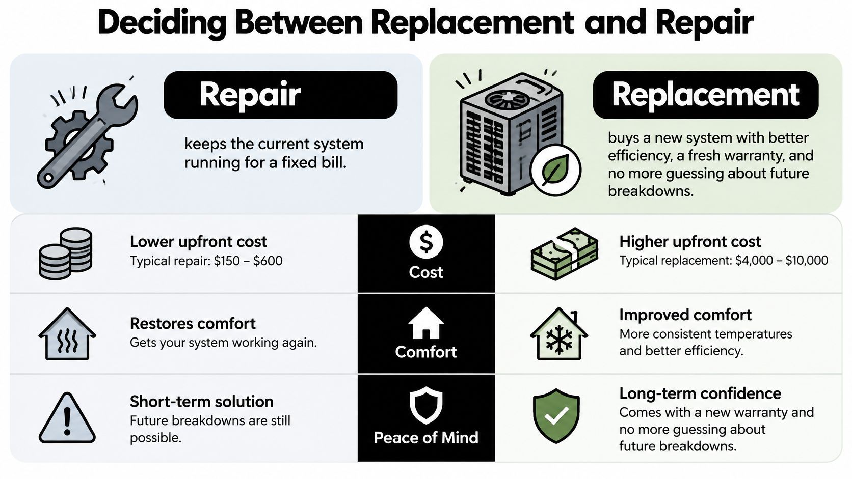 An infographic comparing the pros and cons of air conditioner repair versus total system replacement.