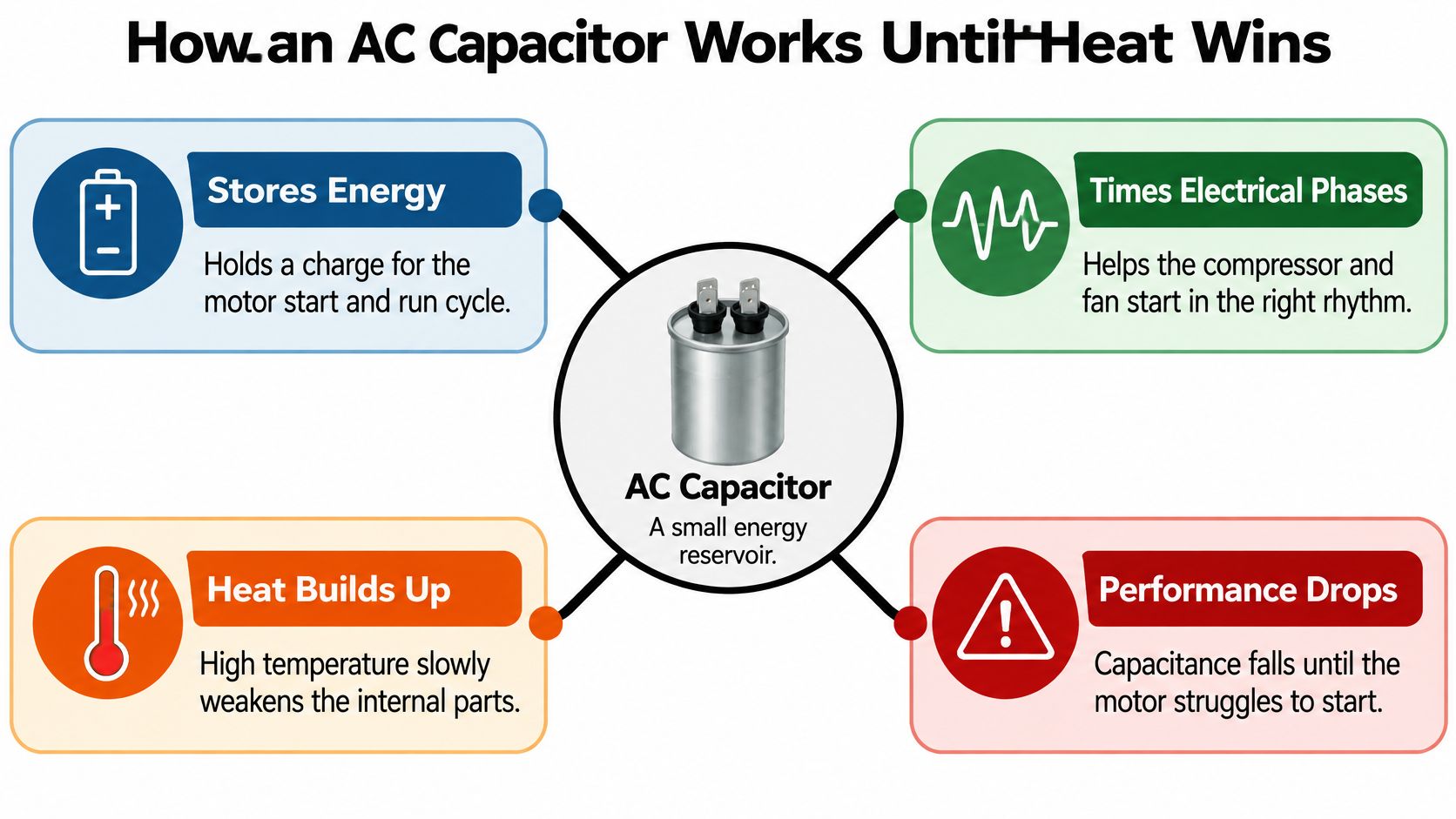 A diagram explaining how an AC capacitor functions and why heat causes it to fail over time.