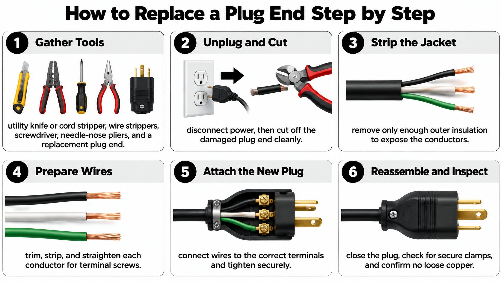 A six-step instructional infographic showing how to safely replace a damaged electrical plug end on a cord.