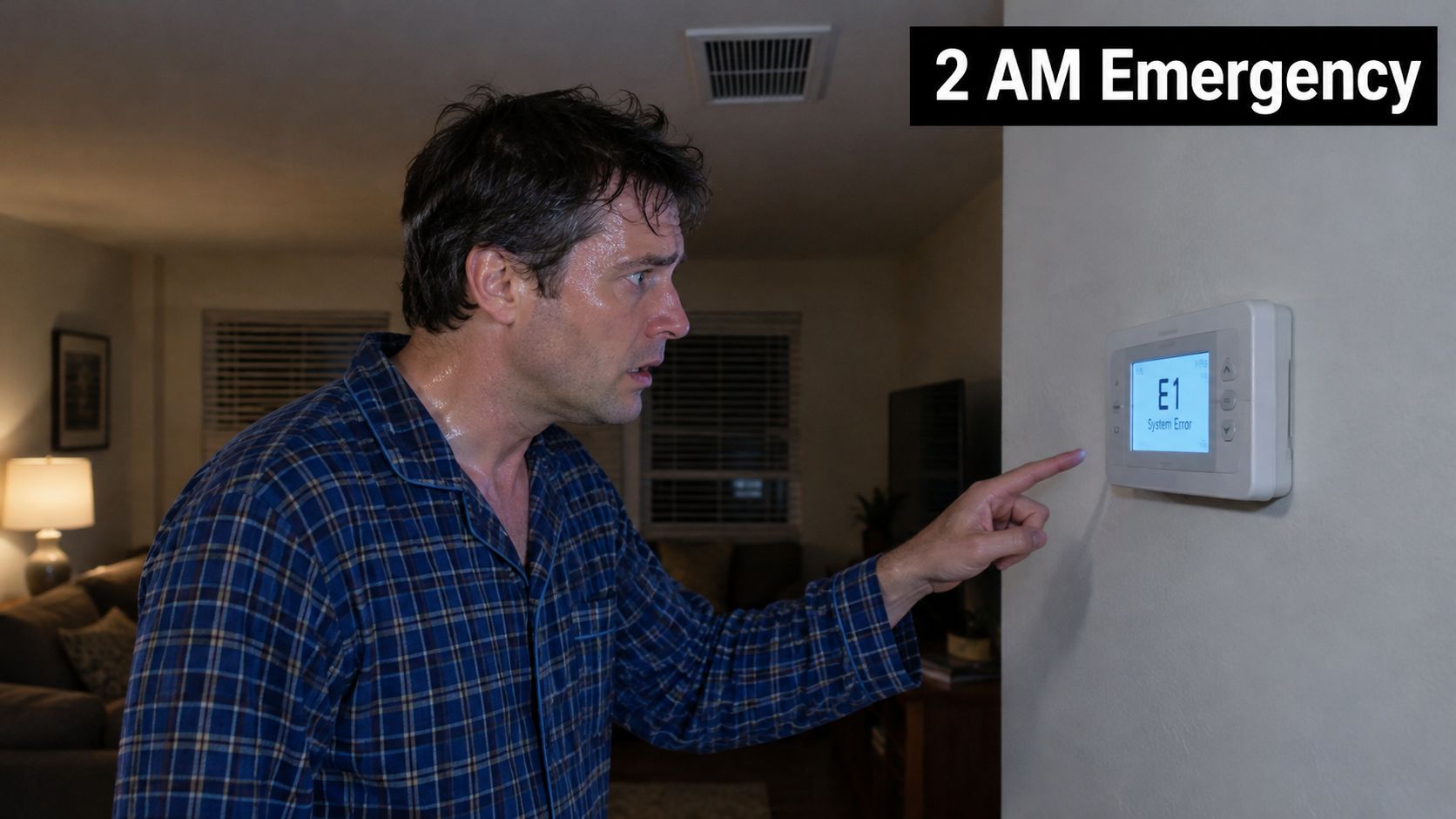 A sweaty man in pajamas looks distressed while touching a home thermostat displaying an error code.
