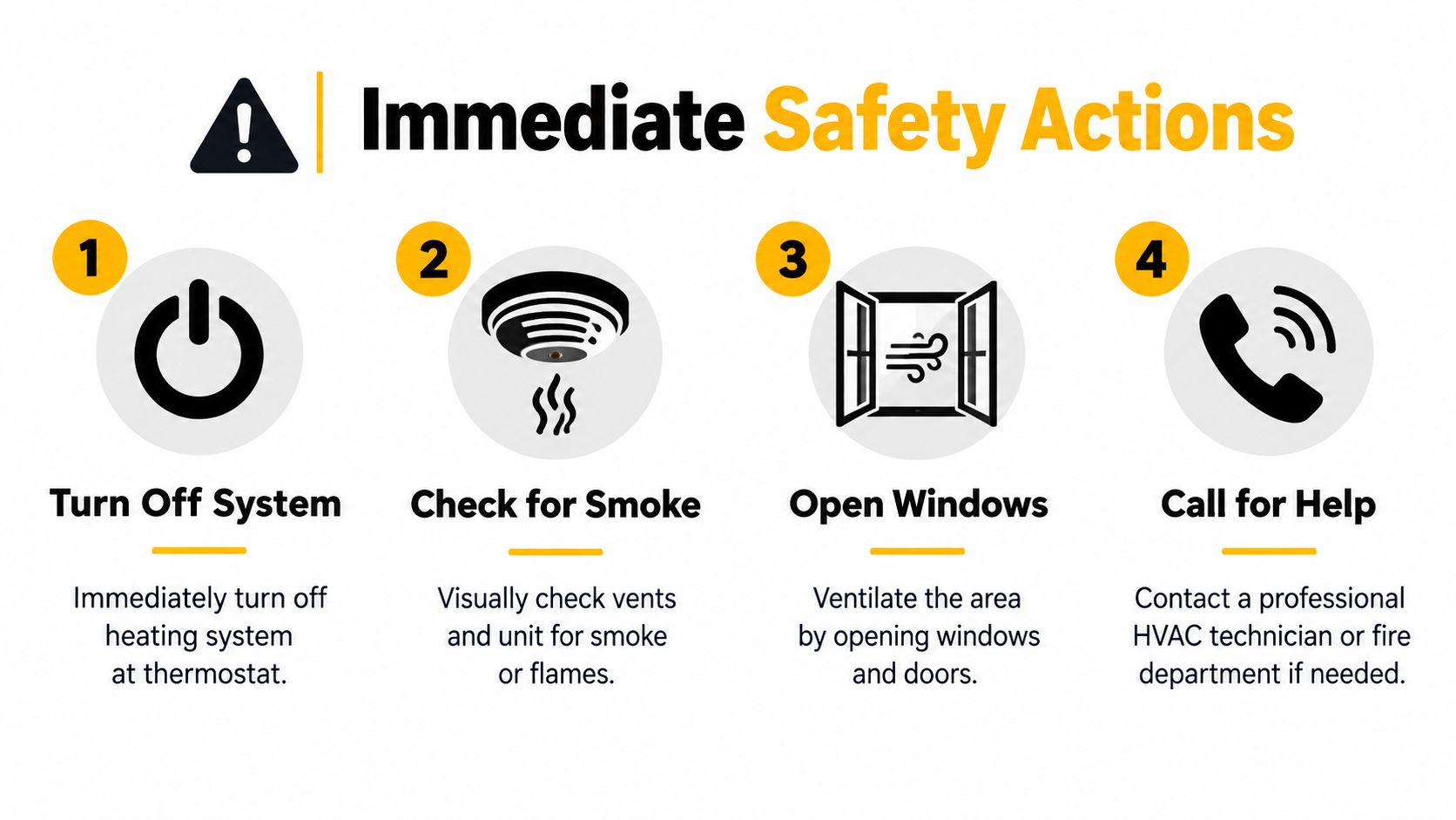 A four-step safety infographic illustrating immediate actions to take when a heating system smells like burning.