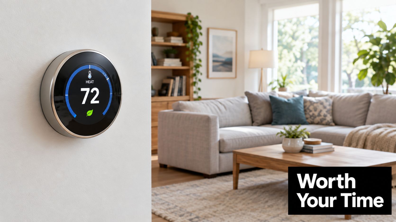 A round smart thermostat on a white wall in a cozy, modern living room setting.