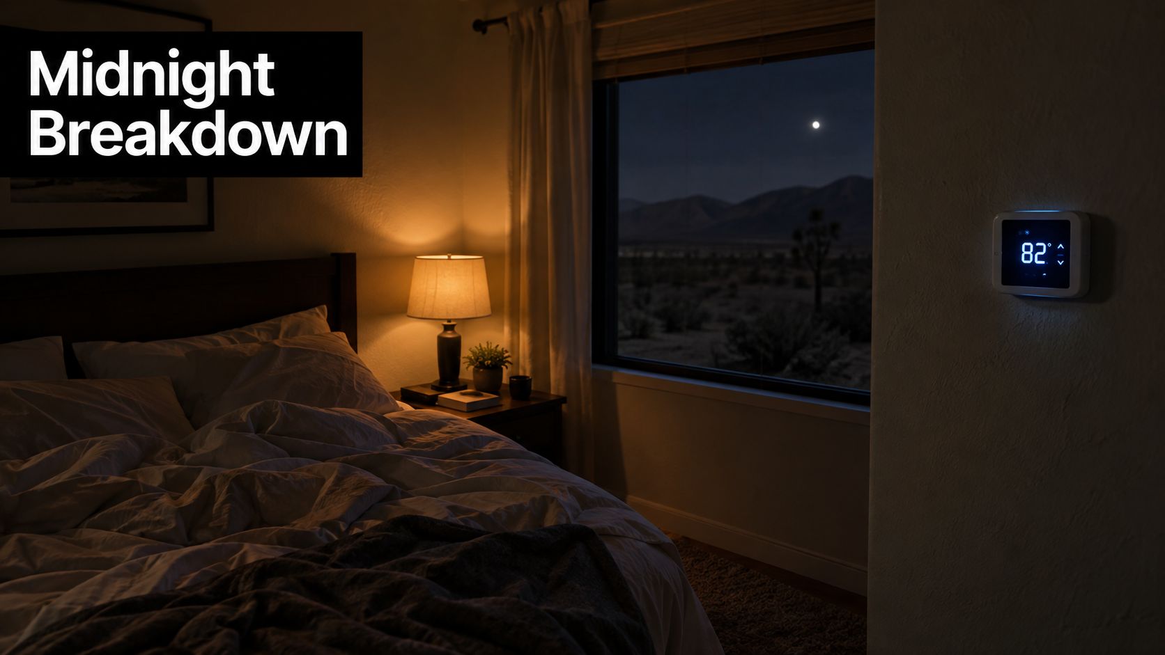 A modern bedroom with a thermostat showing 82 degrees at night with a desert view.