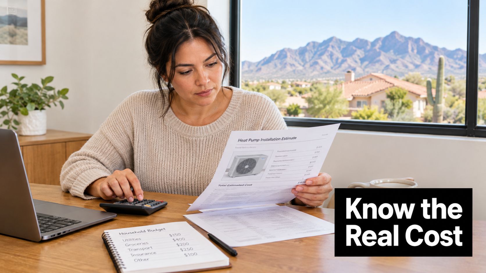 A woman reviewing a heat pump installation estimate and a household budget document at a wooden table.