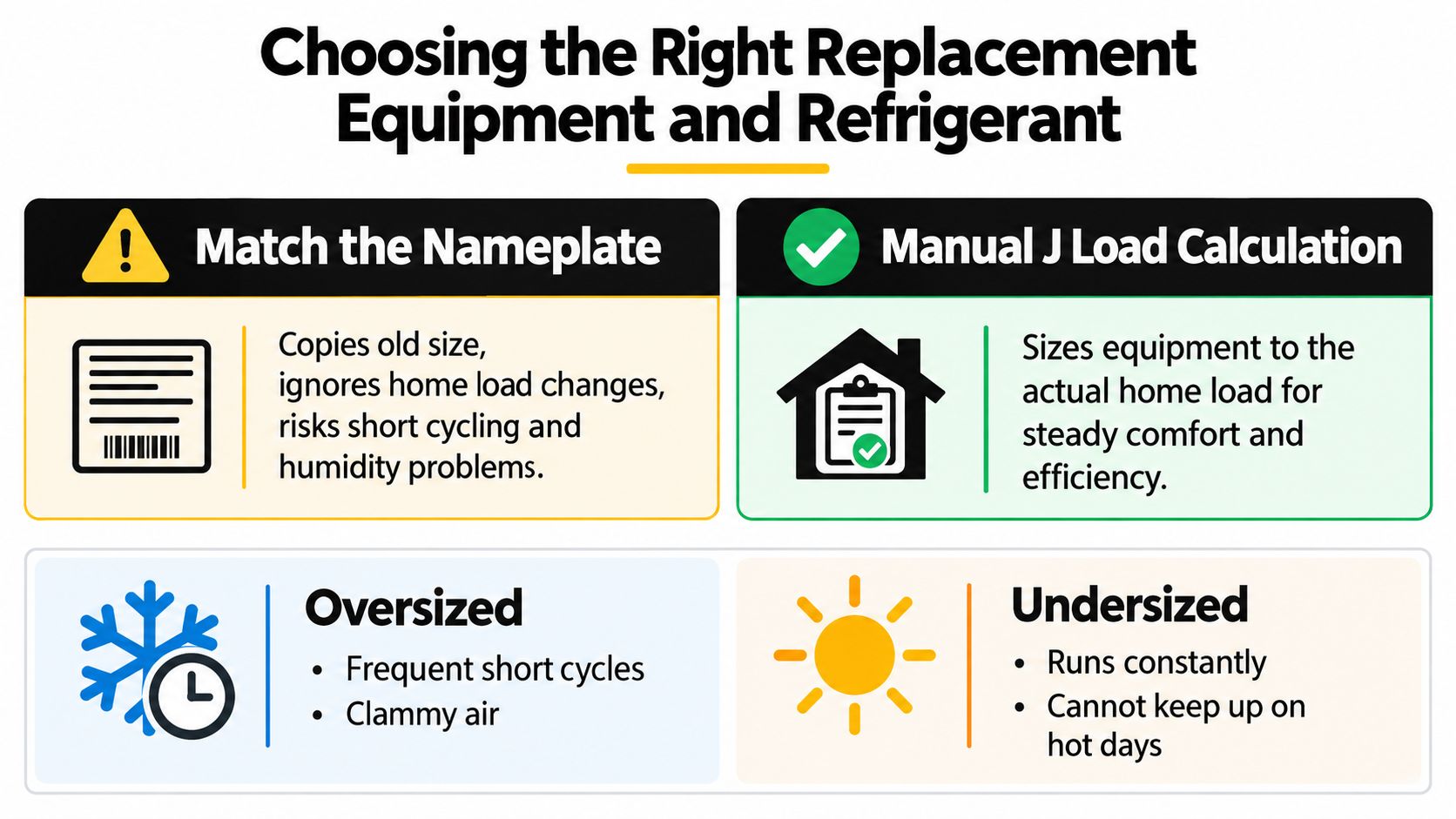 A comparison chart explaining the importance of using Manual J load calculations over nameplate matching for HVAC replacement.
