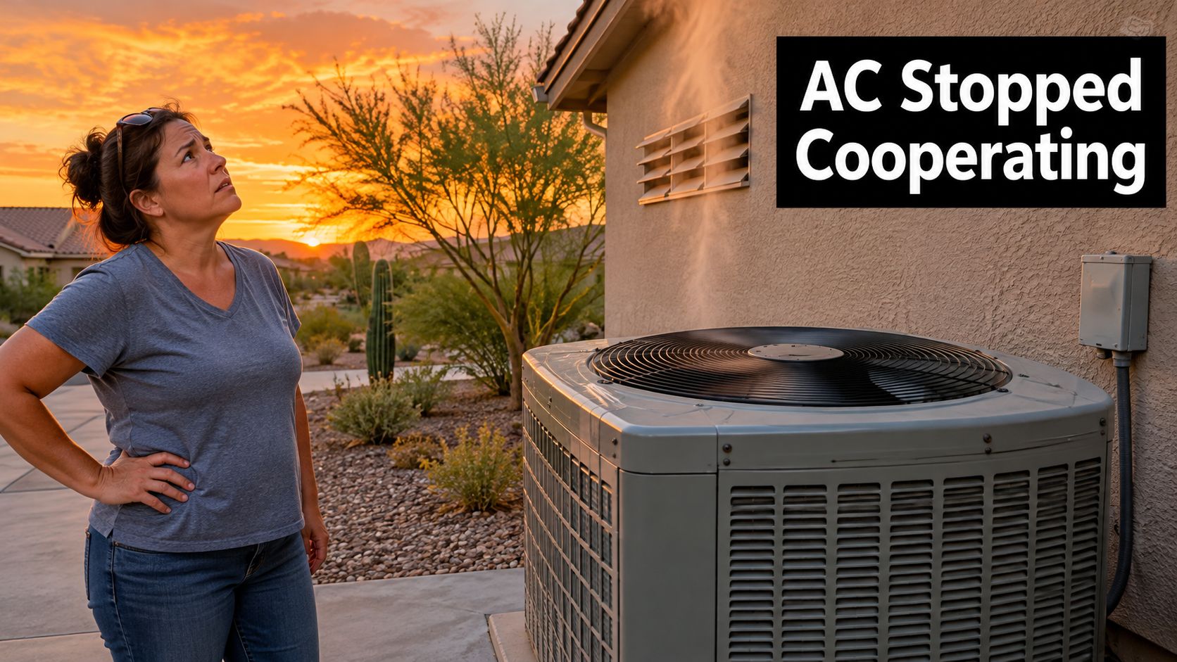 A woman looks concerned at a smoking outdoor air conditioning unit during a bright sunset.