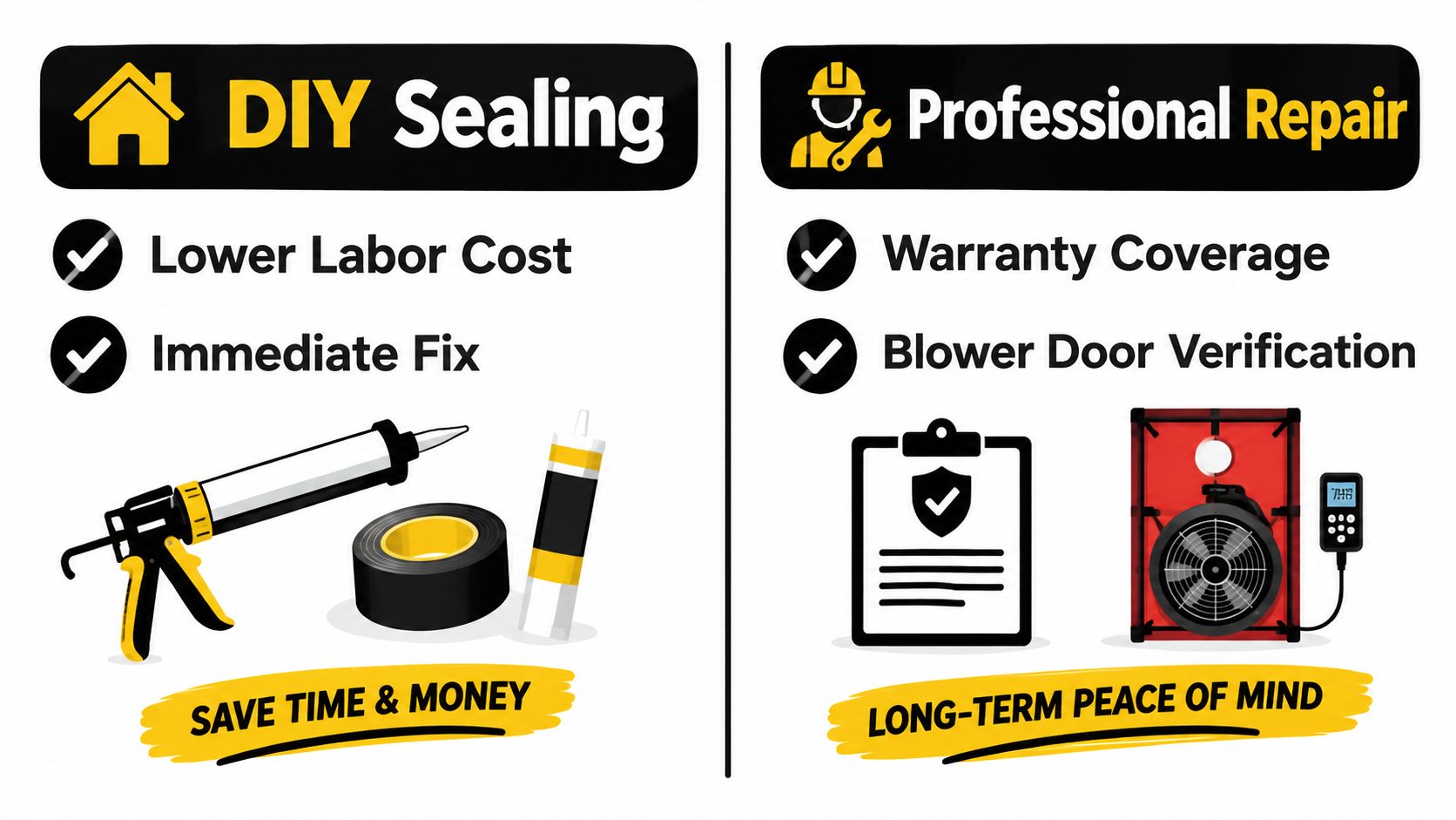 A comparison infographic between DIY sealing and professional repair for air duct systems to improve home efficiency.