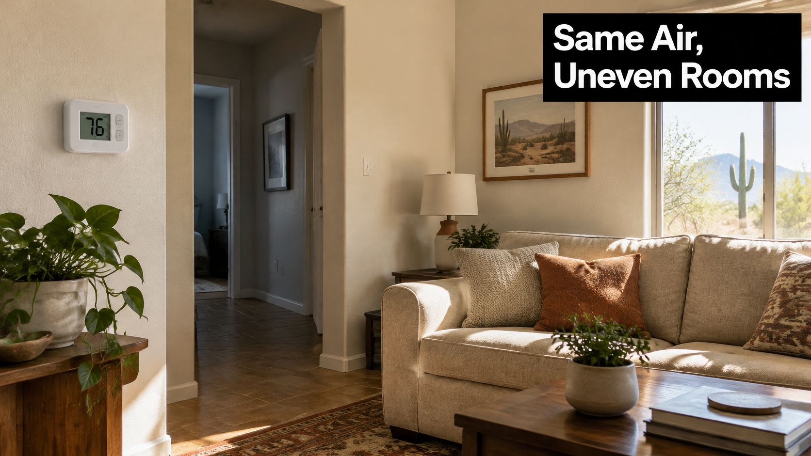A bright, comfortable living room with a modern thermostat on the wall near a doorway.
