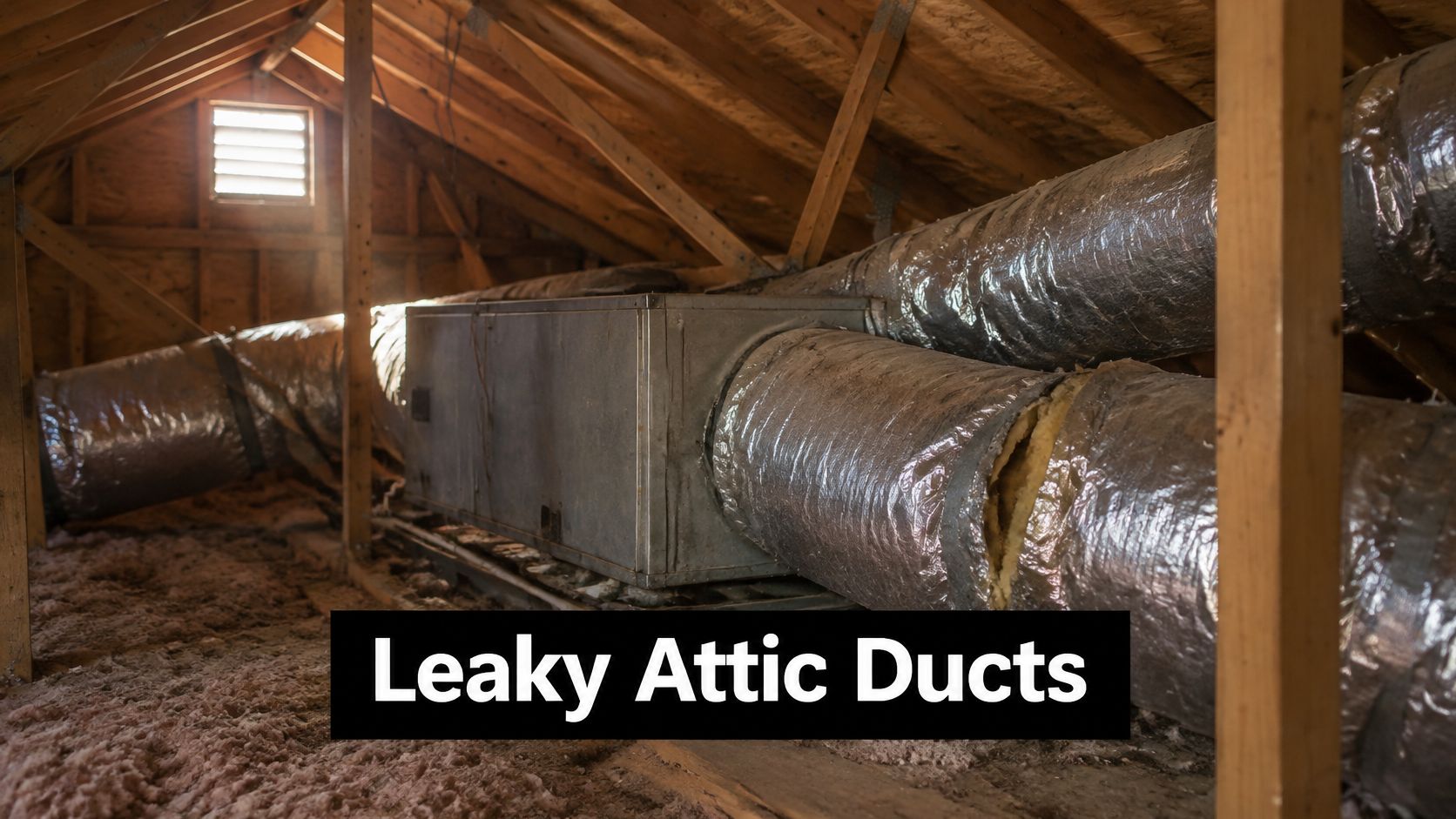 A view of an HVAC unit and flexible ductwork in an attic with insulation and wooden rafters.