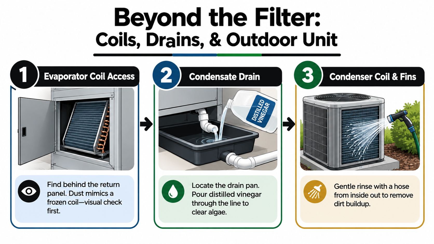 An infographic illustrating three essential steps for air conditioning maintenance including coil access, cleaning drains, and rinsing condensers.