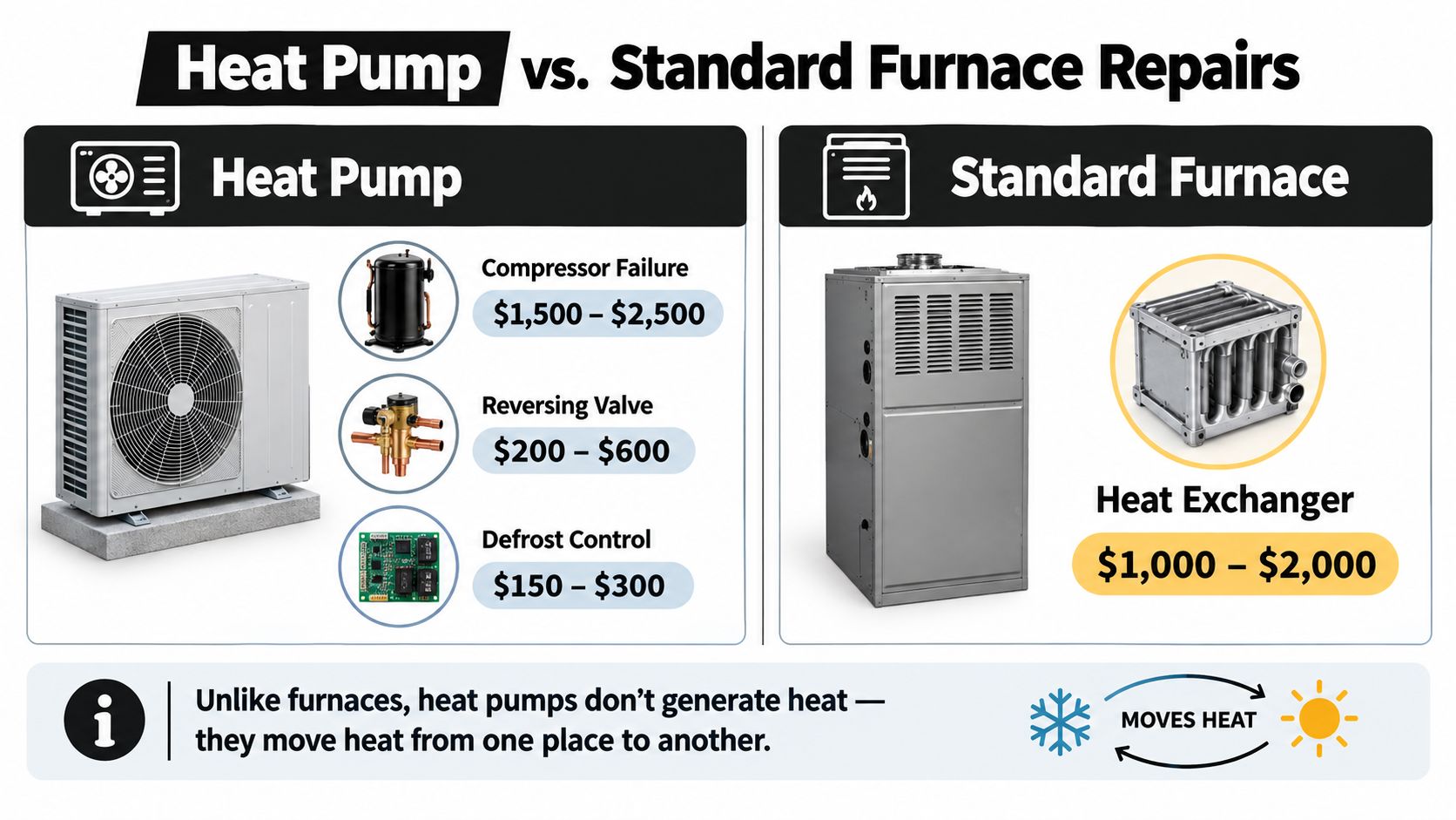 A comparison chart showing typical repair costs for heat pump components versus standard furnace heat exchanger repairs.