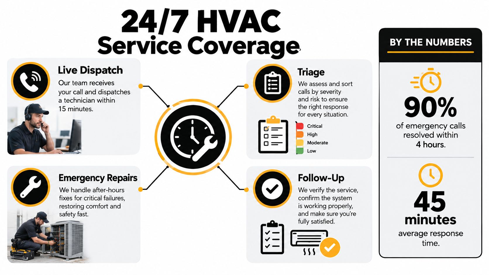 A professional infographic detailing the 24/7 HVAC service process including dispatch, emergency repairs, triage, and follow-up.