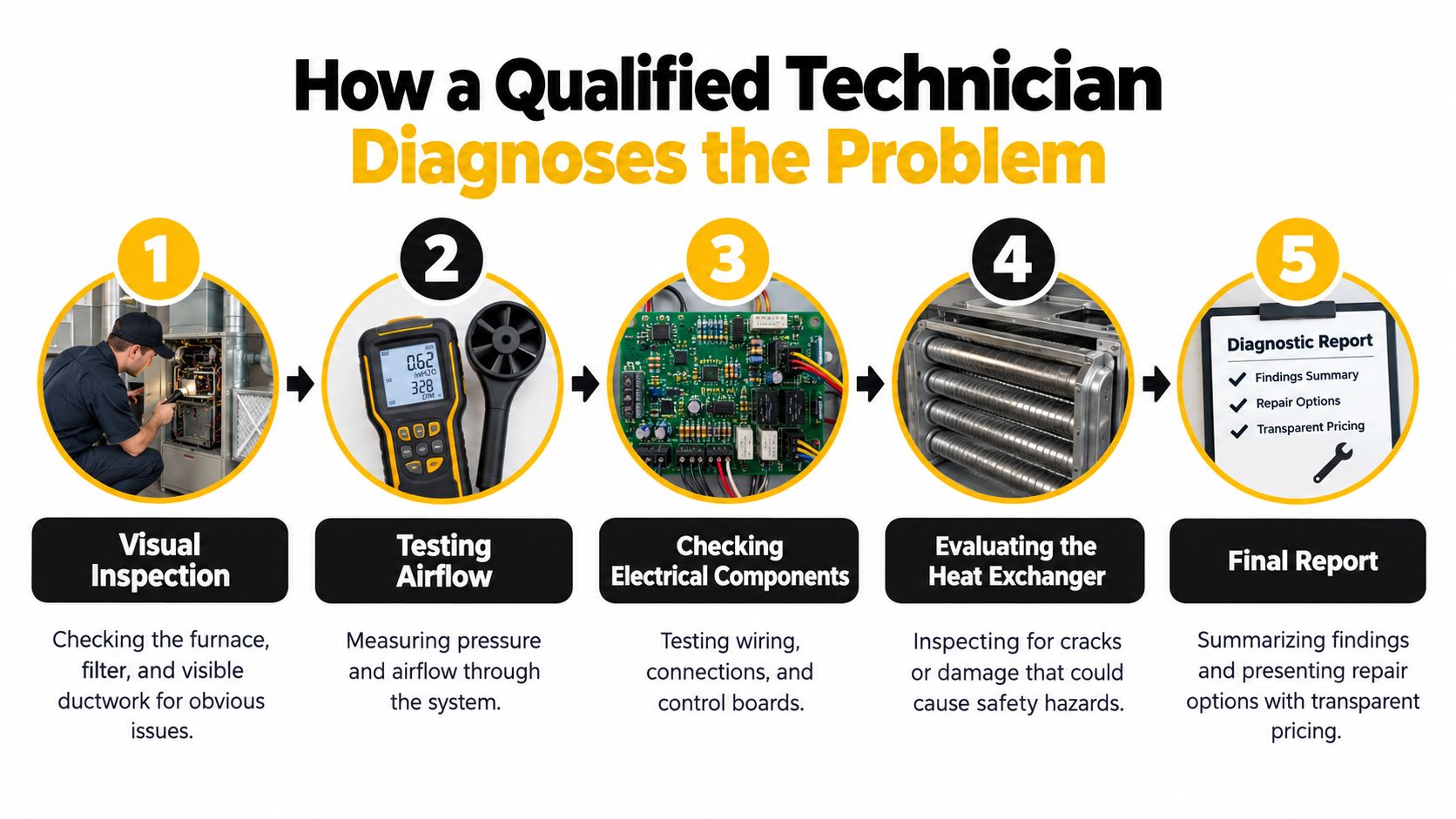 A five-step infographic showing how a qualified technician diagnoses HVAC system problems through inspection and testing.