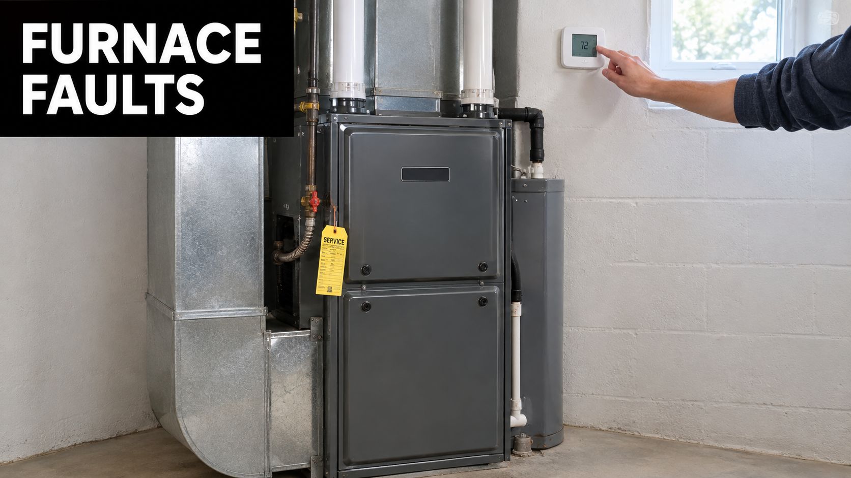 A person adjusting the thermostat on a white wall next to a large grey residential furnace unit.