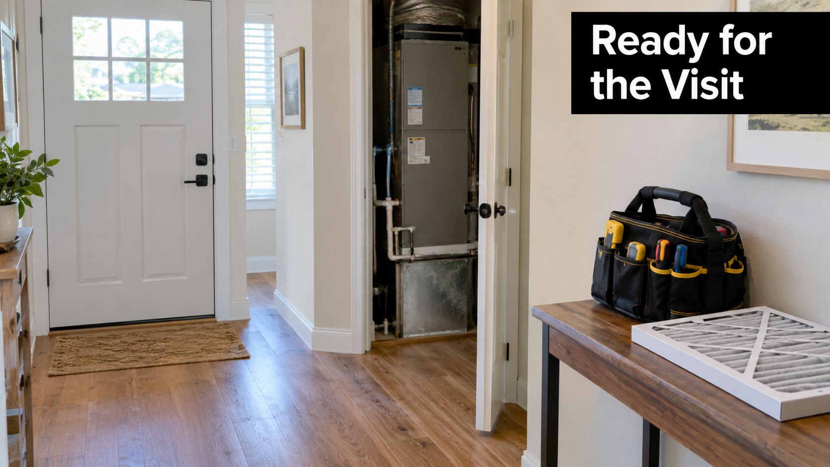 A technician's tool bag and new air filter ready on a wooden table for home AC service.