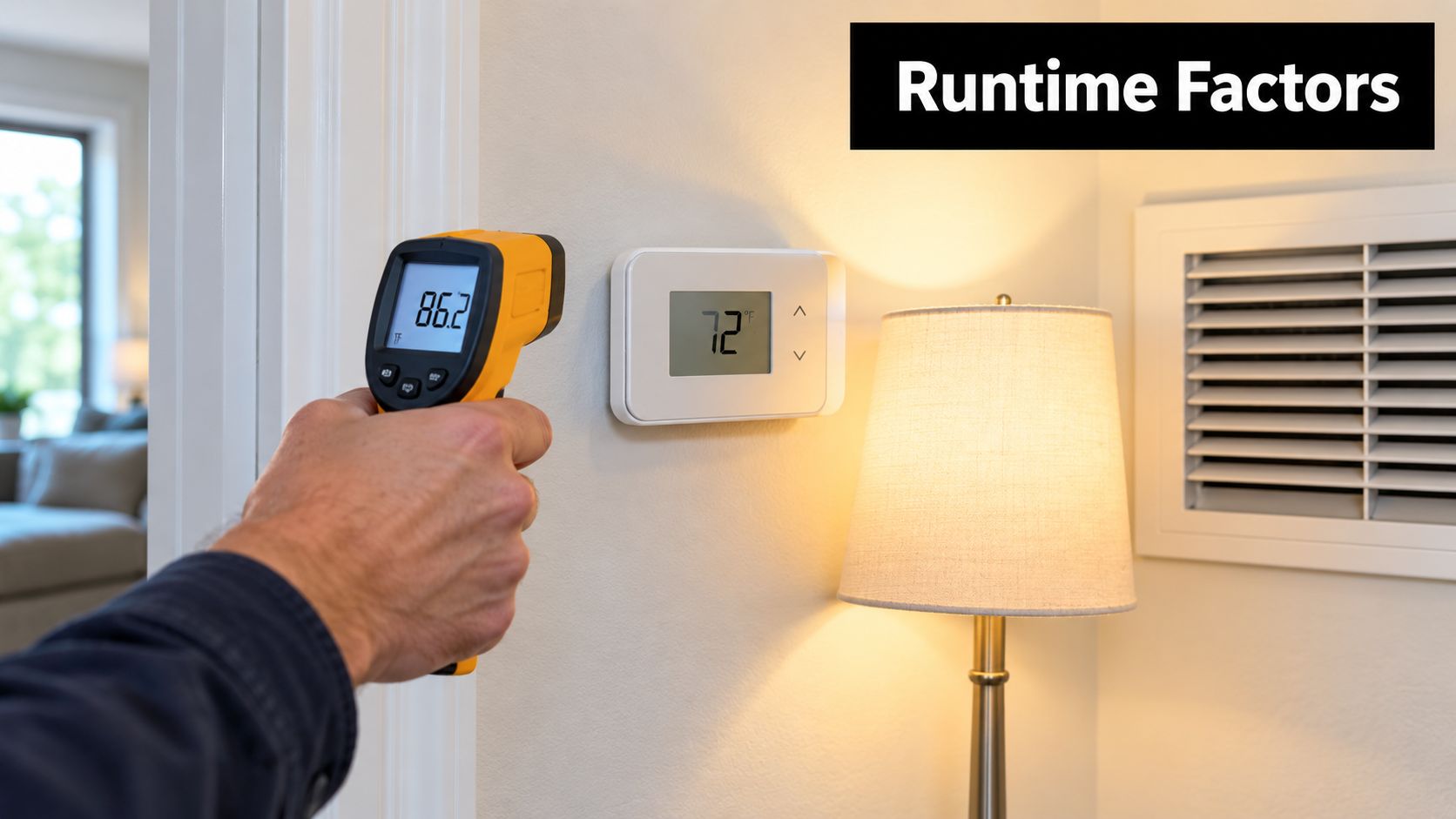 A technician uses an infrared thermometer to measure wall temperature near a thermostat on a residential wall.