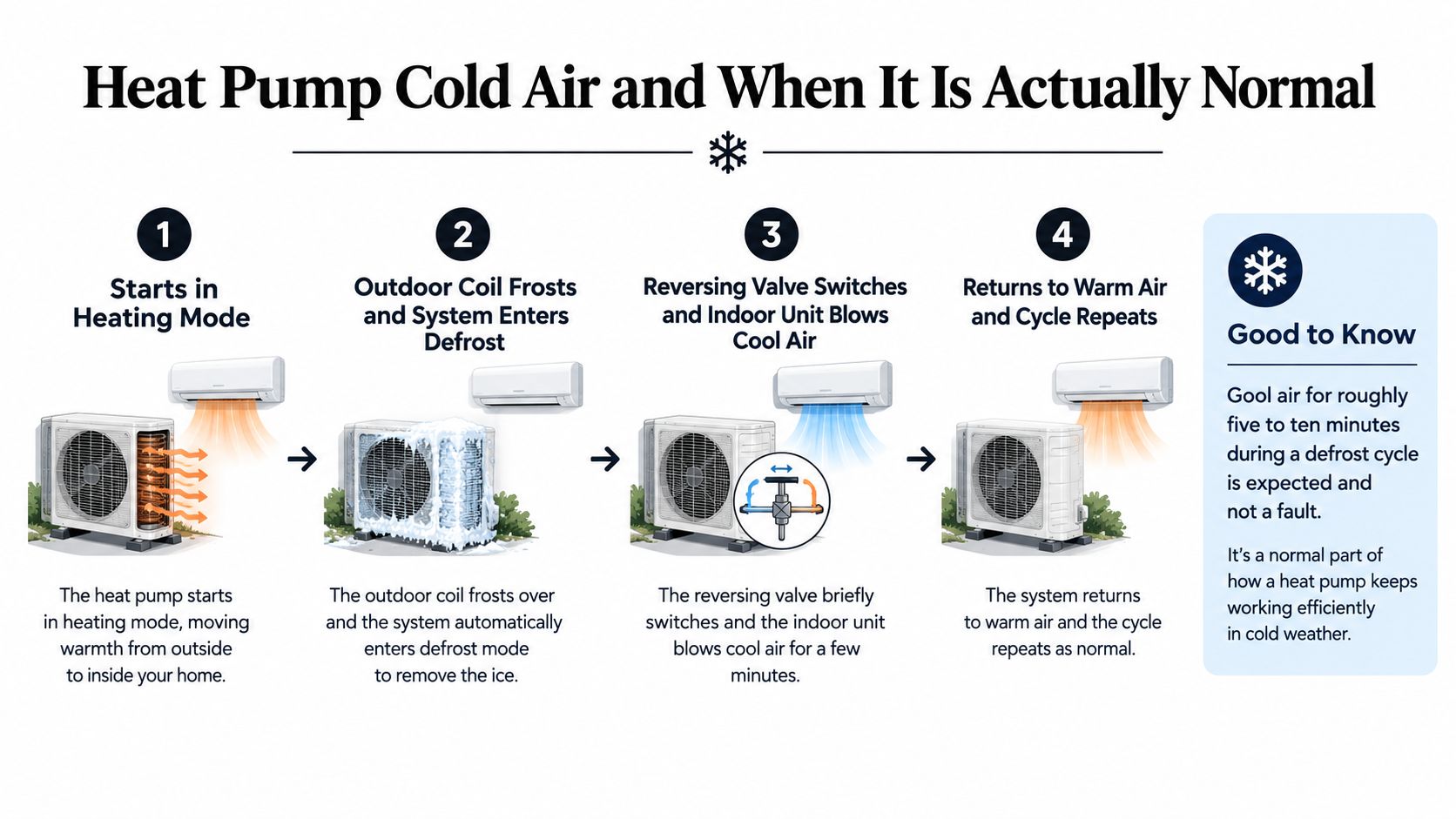 A four-step infographic explaining why heat pumps temporarily blow cold air during a normal defrost cycle.
