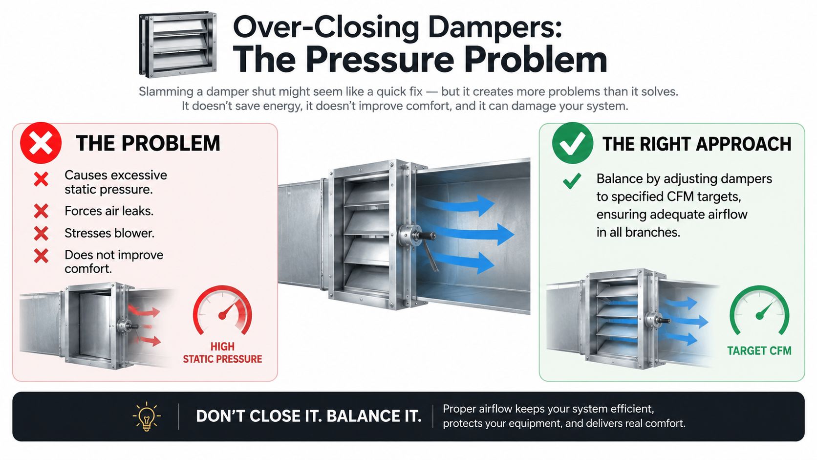 An infographic showing that closing HVAC dampers causes high pressure, while balancing them ensures proper airflow.