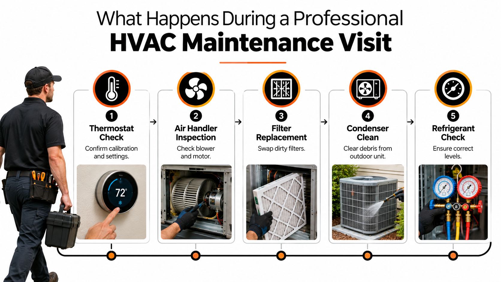A professional HVAC technician steps through the five essential steps of a standard home air conditioning maintenance visit.