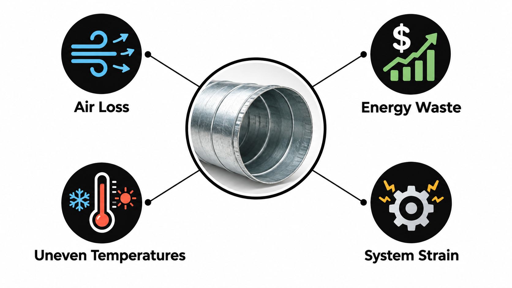 A central metal duct surrounded by icons representing air loss, energy waste, uneven temperatures, and system strain.