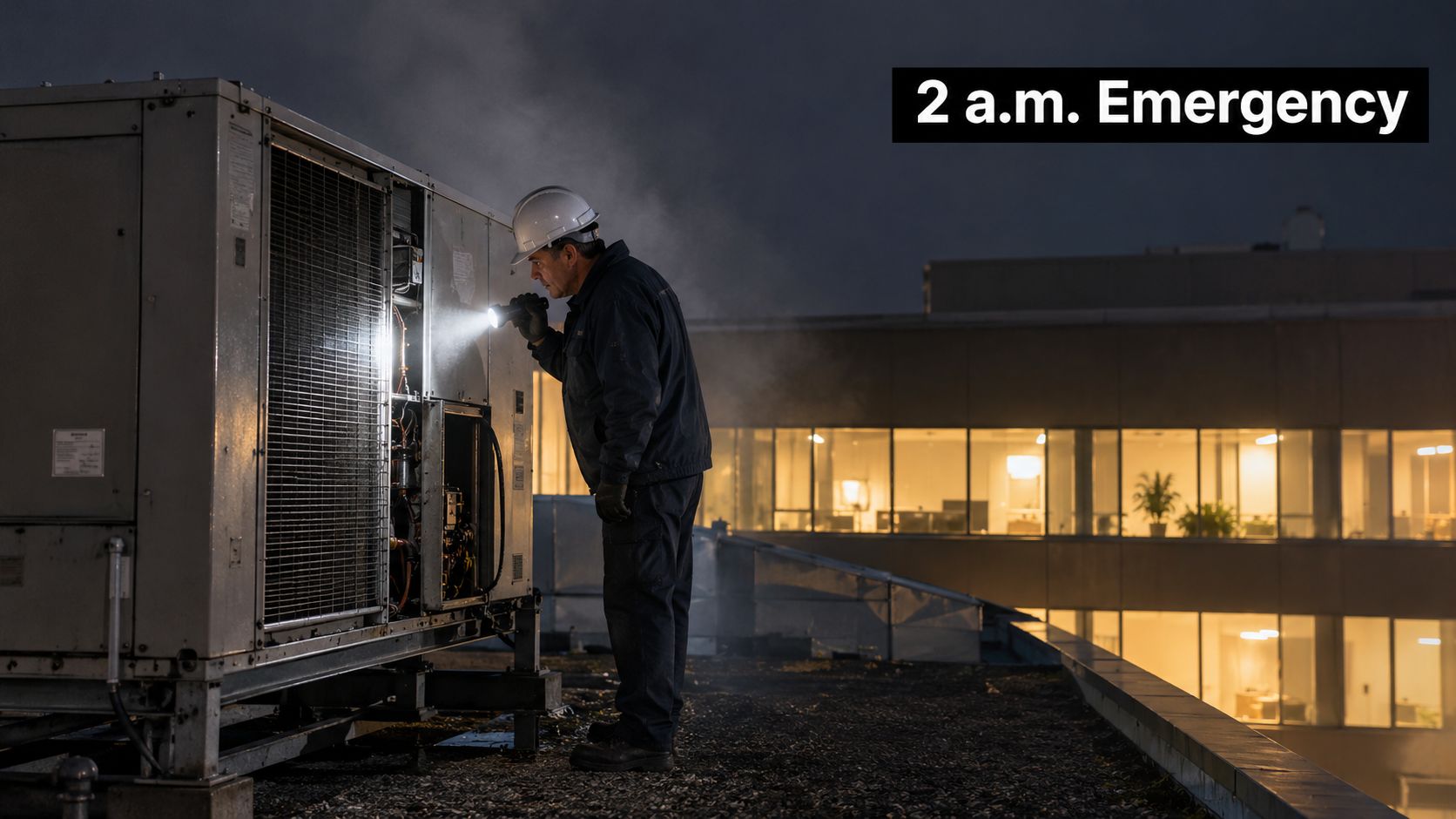 An HVAC technician wearing a hard hat uses a flashlight to inspect a rooftop unit at night.