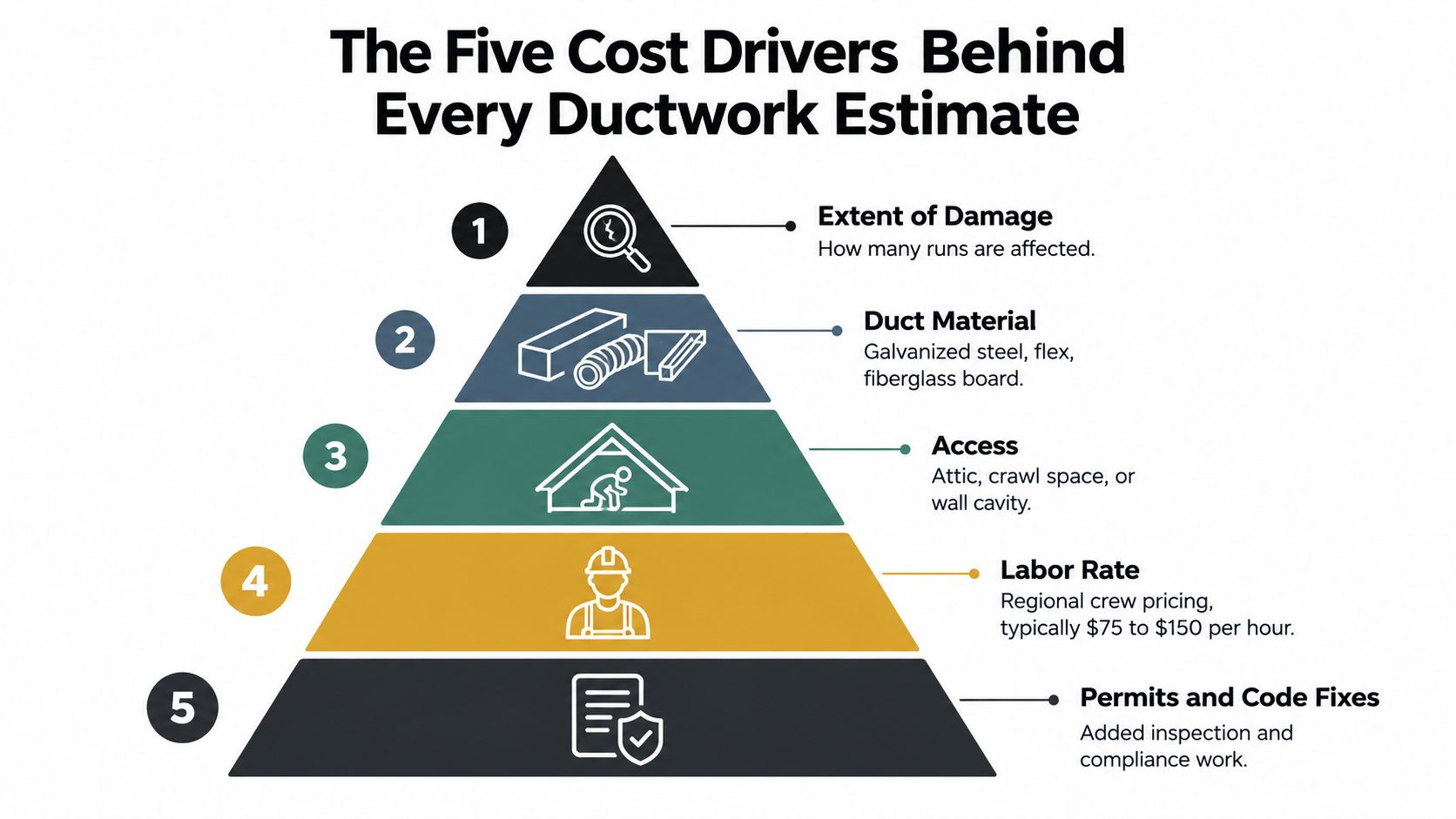 A pyramid diagram showing the five main cost drivers behind ductwork repair and HVAC maintenance services.