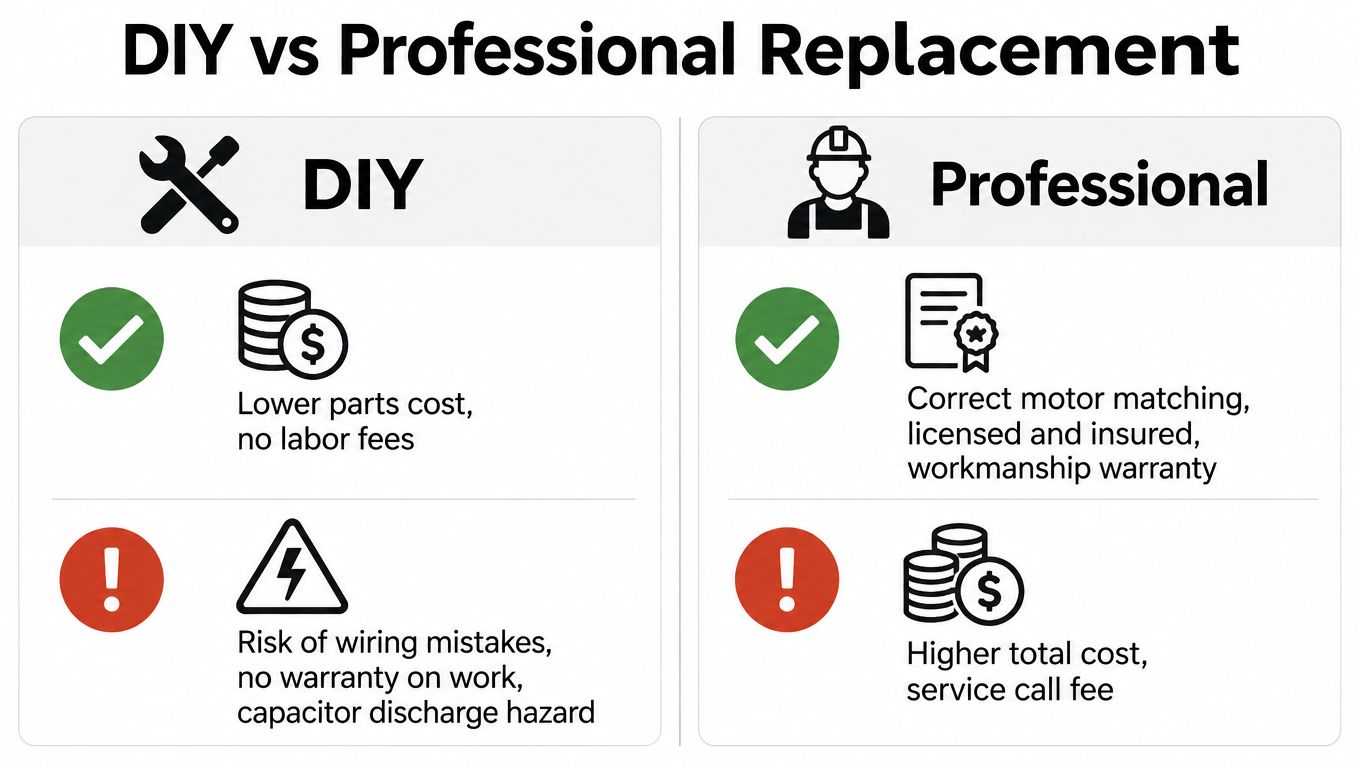 A comparison chart showing the pros and cons of DIY versus professional heat pump fan motor replacement.
