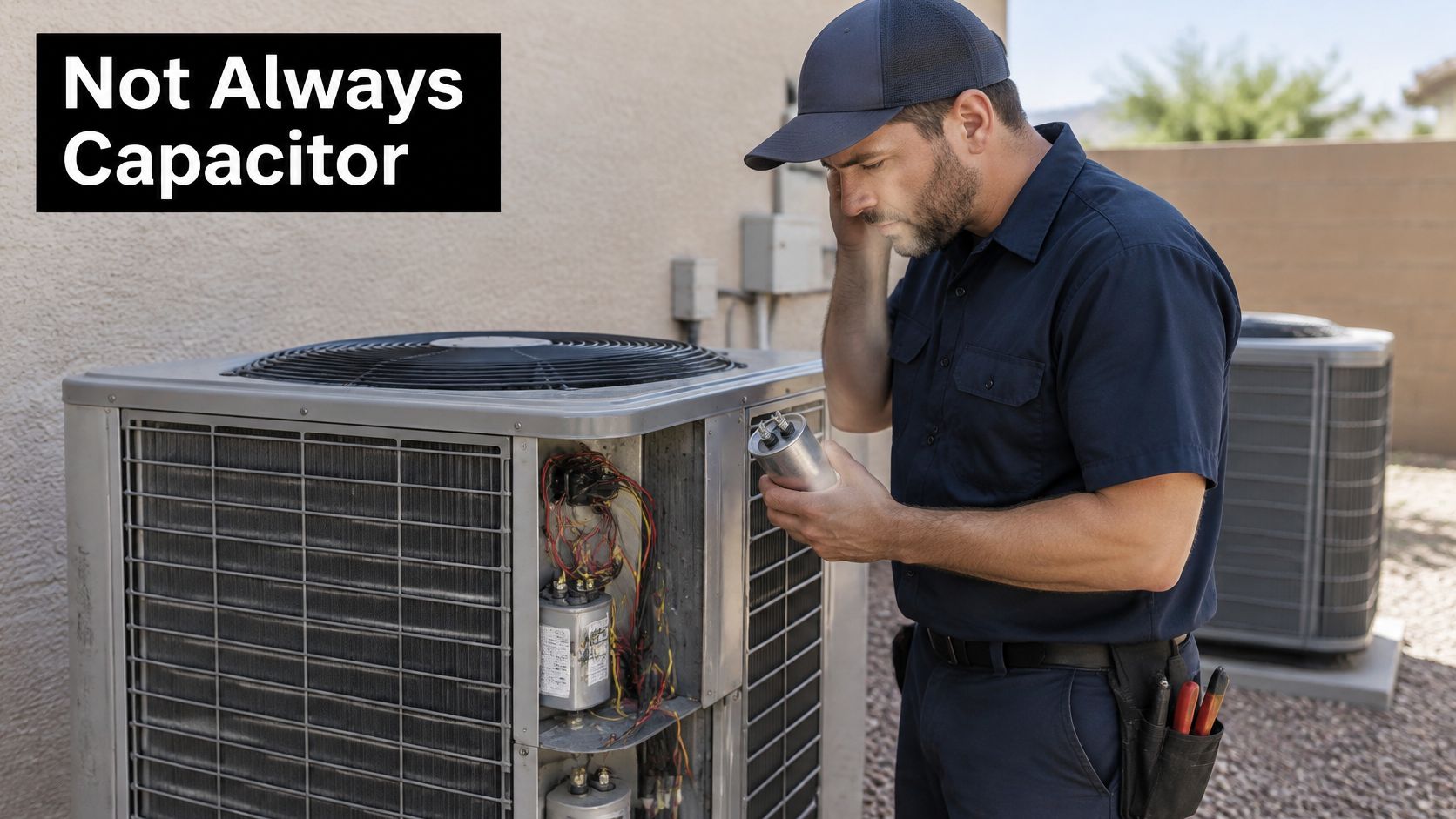 An HVAC technician holding a new capacitor while inspecting an outdoor residential air conditioning unit for repairs.