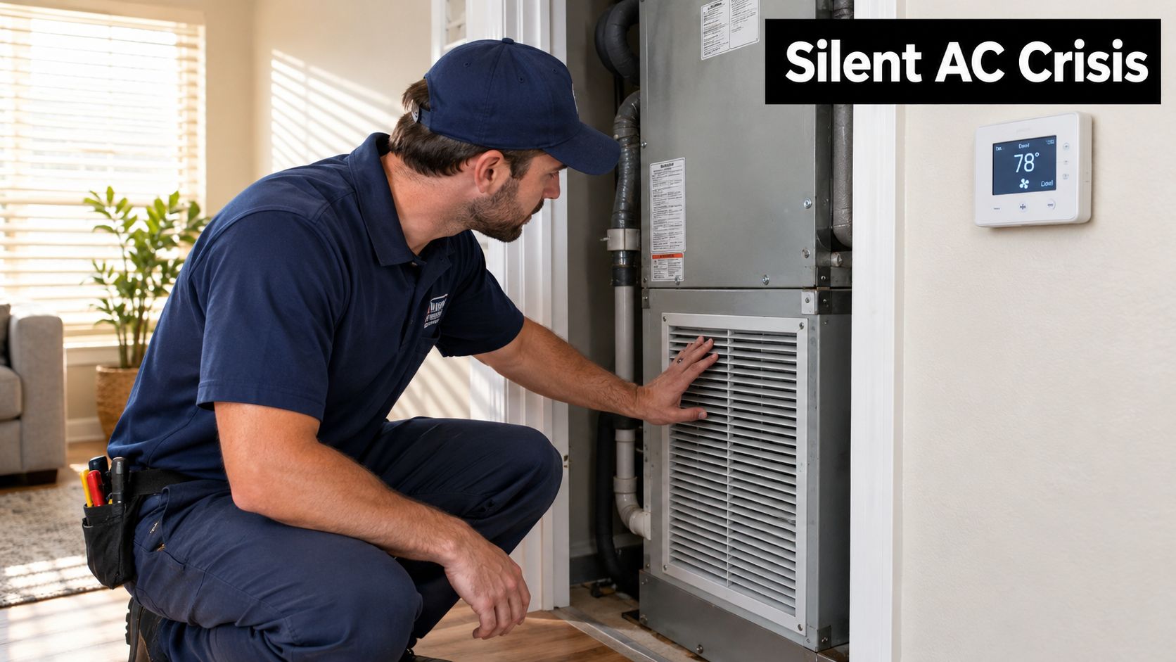 A professional HVAC technician inspecting a residential air conditioning unit in a home interior setting.