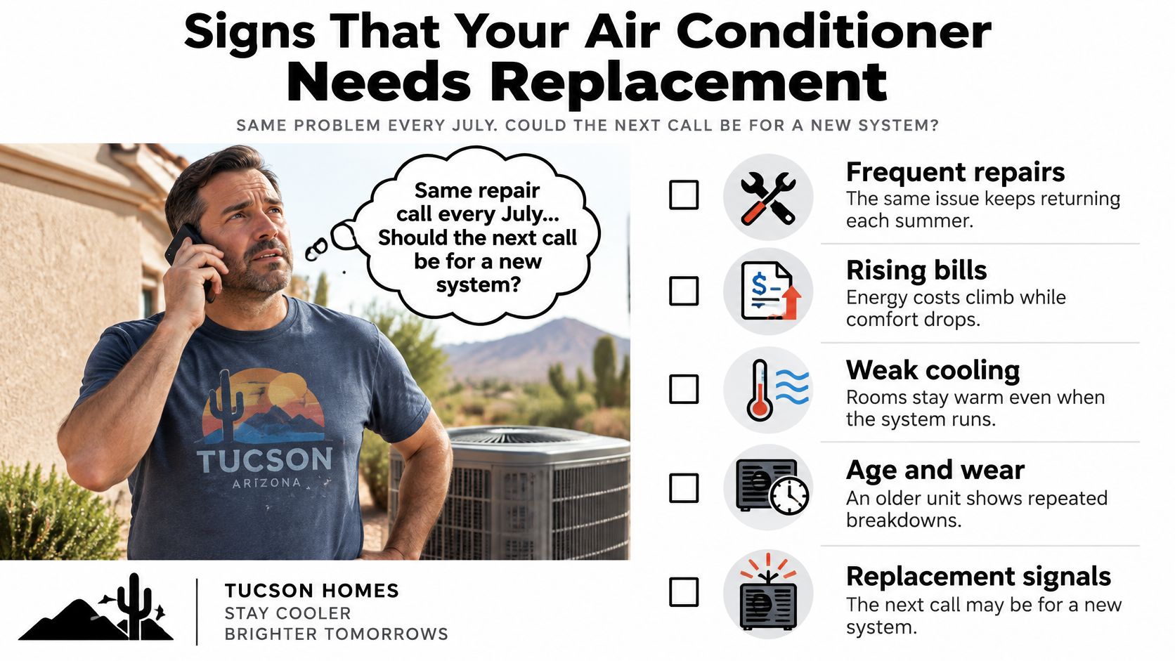 A man on the phone considering an air conditioner replacement service due to frequent system breakdowns.