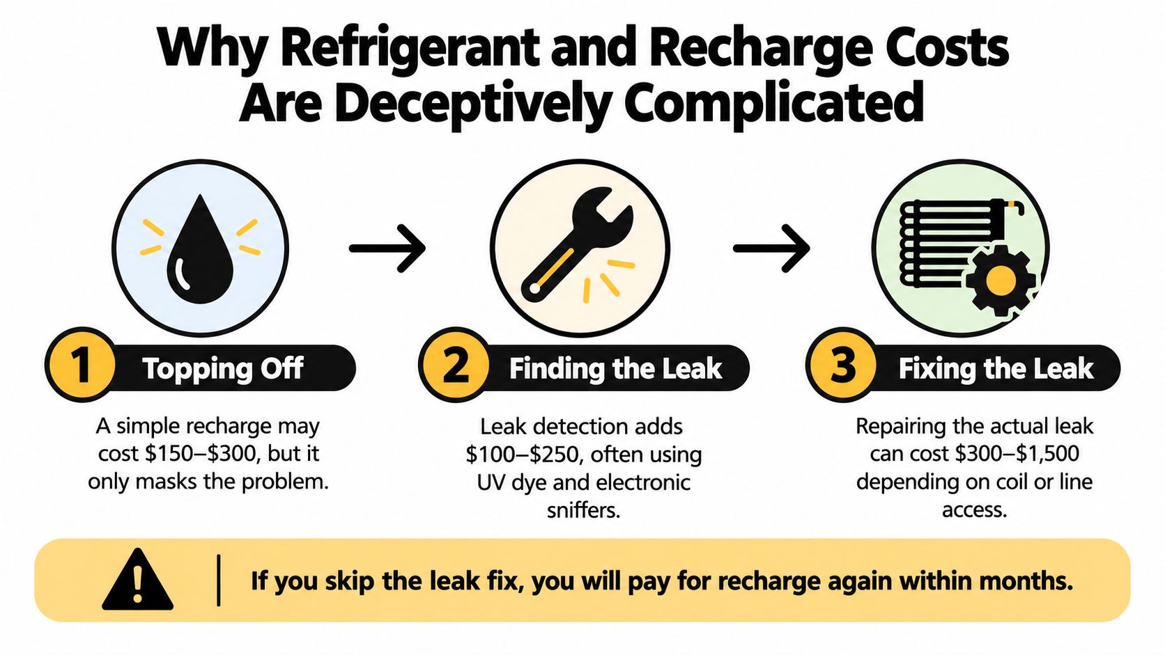 An infographic showing the three steps of air conditioner refrigerant repair with associated cost ranges for each.
