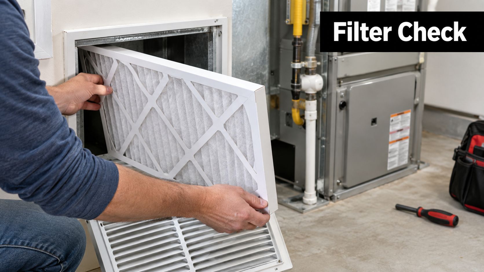 A person performing a routine filter check on a home heating and air conditioning unit.