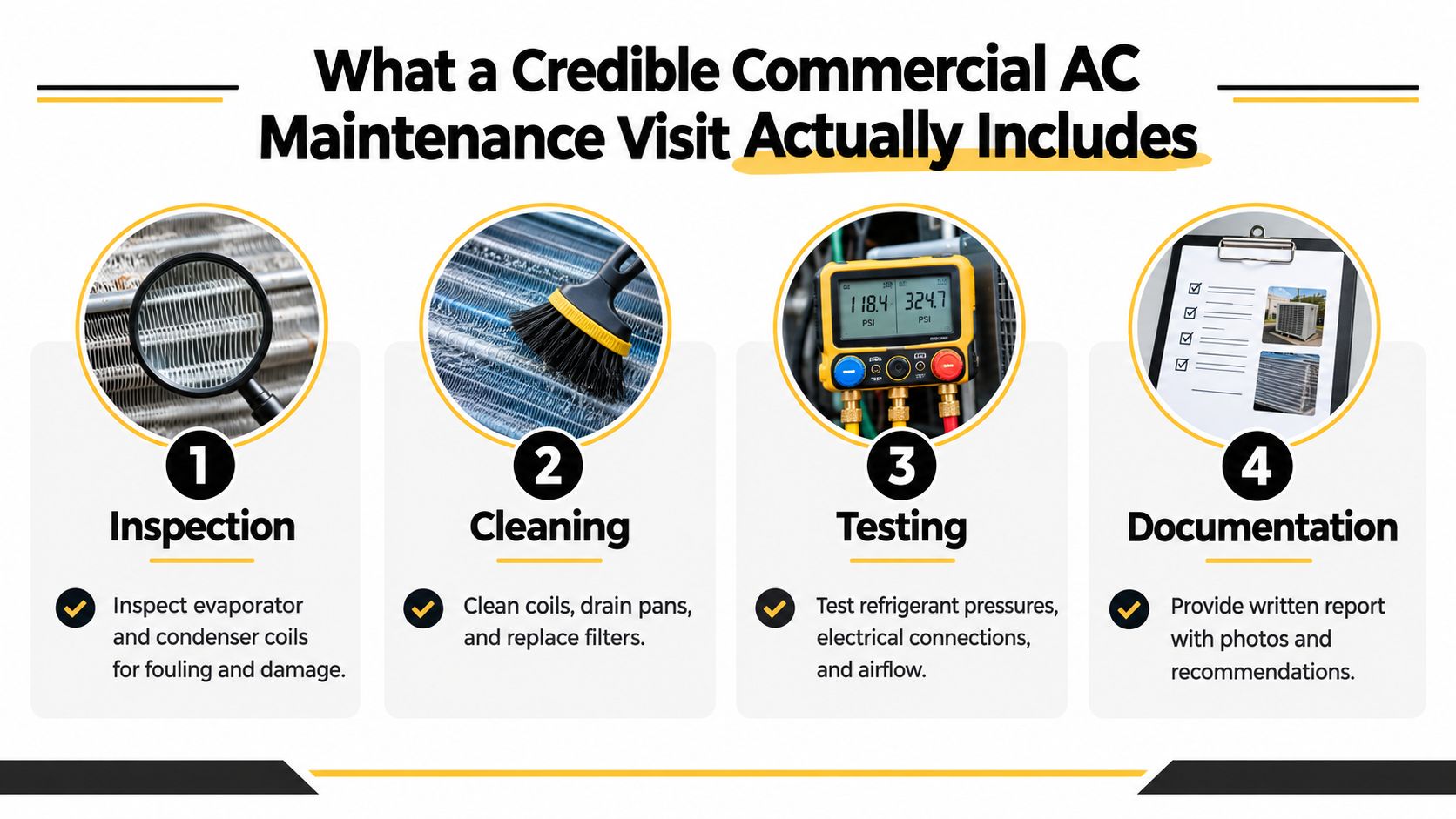 An infographic detailing the four essential steps of a professional commercial air conditioning maintenance service visit.