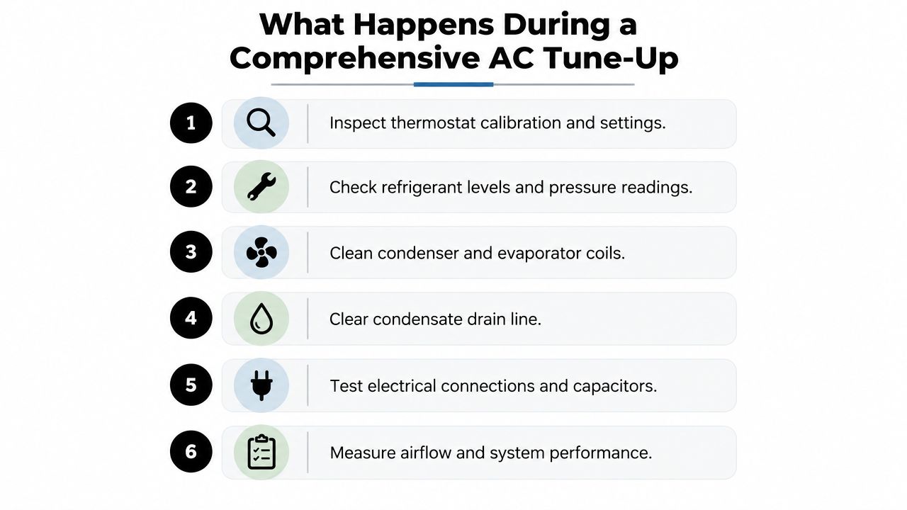 A checklist infographic detailing the six essential steps of a comprehensive air conditioning system tune-up process.