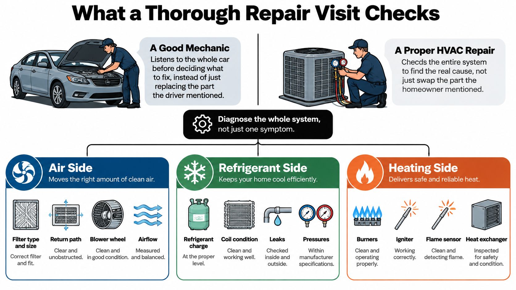 An infographic detailing the comprehensive steps of a professional HVAC and vehicle system repair inspection.